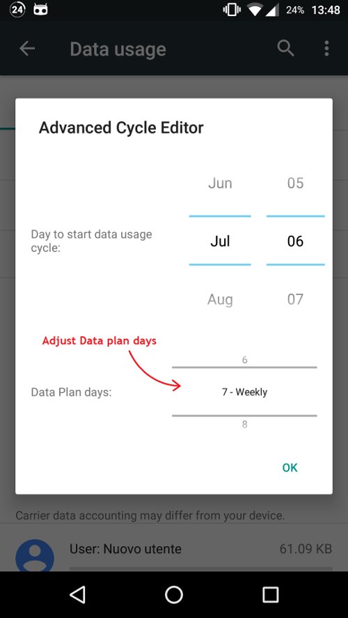 screenshot showing options to set data billing cycle and cycle length in days